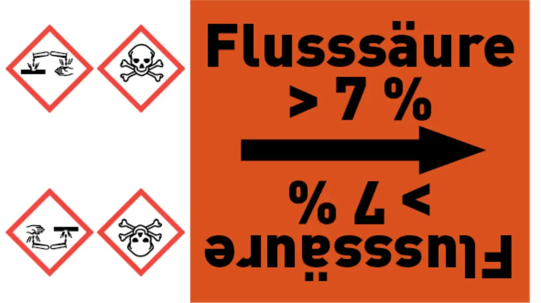 Kennzeichnungsband Flusssäure > 7 % orange/schwarz bis Ø 50 mm 33 m/Rolle Kennzeichnungsband Flusssäure > 7 % orange/schwarz bis Ø 50 mm 33 m/Rolle