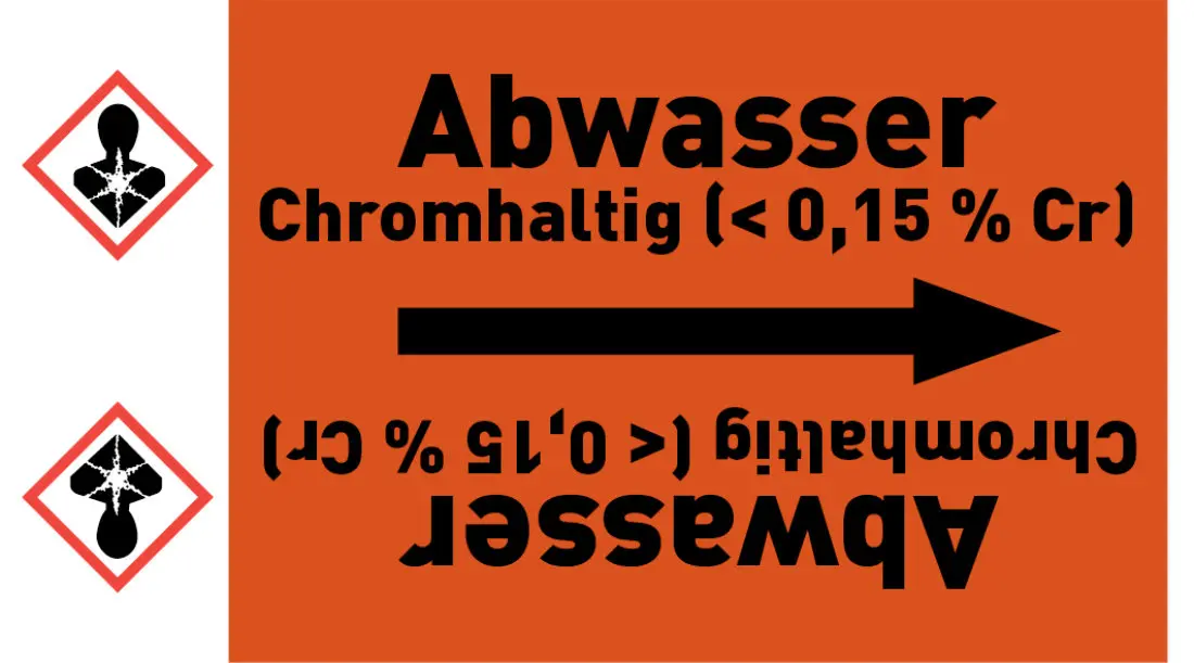 Kennzeichnungsband Abwasser Chromhaltig (< 0,15 % Cr) orange/schwarz ab Ø 50 mm 33 m/Rolle Kennzeichnungsband Abwasser Chromhaltig (< 0,15 % Cr) orange/schwarz ab Ø 50 mm 33 m/Rolle