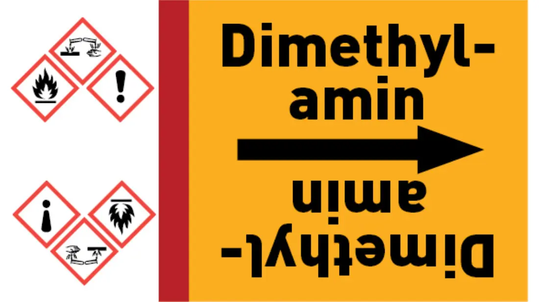 Kennzeichnungsband Dimethylamin gelb/schwarz bis Ø 50 mm 33 m/Rolle Kennzeichnungsband Dimethylamin gelb/schwarz bis Ø 50 mm 33 m/Rolle