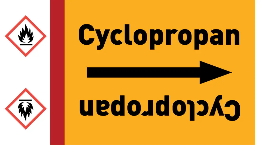 Kennzeichnungsband Cyclopropan gelb/schwarz ab Ø 50 mm 33 m/Rolle Kennzeichnungsband Cyclopropan gelb/schwarz ab Ø 50 mm 33 m/Rolle