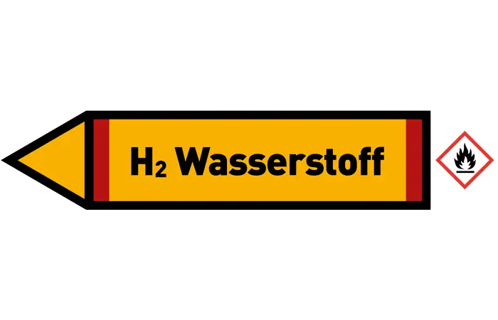 Pfeil links H2 Wasserstoff gelb/schwarz 125x25 mm Pfeil links H2 Wasserstoff gelb/schwarz 125x25 mm
