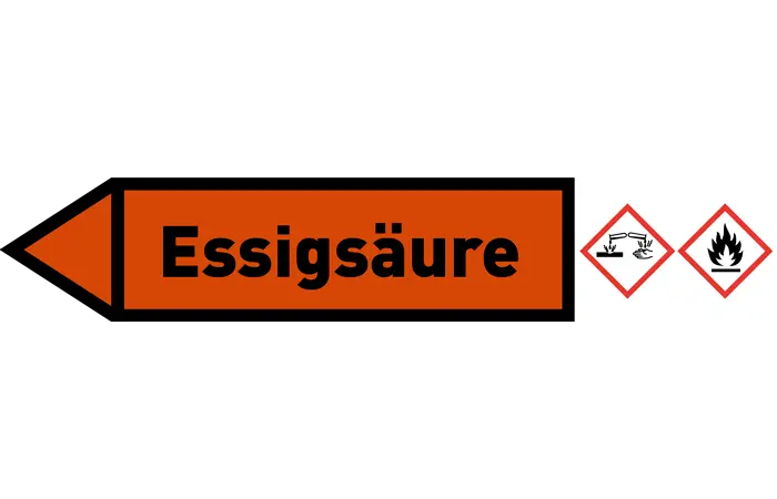 Pfeil links Essigsäure orange/schwarz 215x40 mm Pfeil links Essigsäure orange/schwarz 215x40 mm