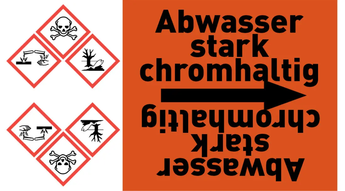 Kennzeichnungsband Abwasser stark chromhaltig orange/schwarz ab Ø 50 mm 33 m/Rolle Kennzeichnungsband Abwasser stark chromhaltig orange/schwarz ab Ø 50 mm 33 m/Rolle