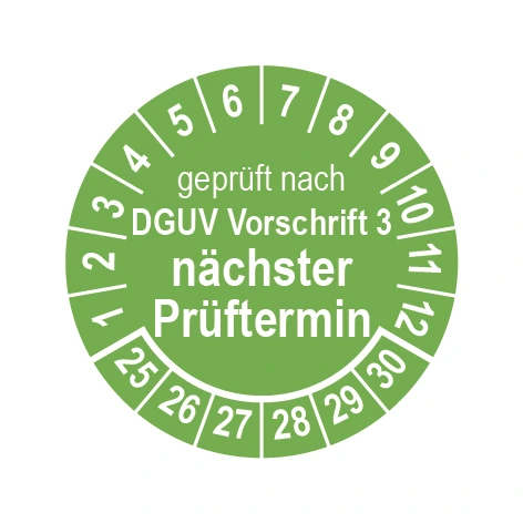 Prüfplakette Ø 25 mm "geprüft nach DGUV Vorschrift 3" grün/weiß, 1 VPE (200 Stück) Prüfplakette Ø 25 mm "geprüft nach DGUV Vorschrift 3" grün/weiß, 1 VPE (200 Stück)
