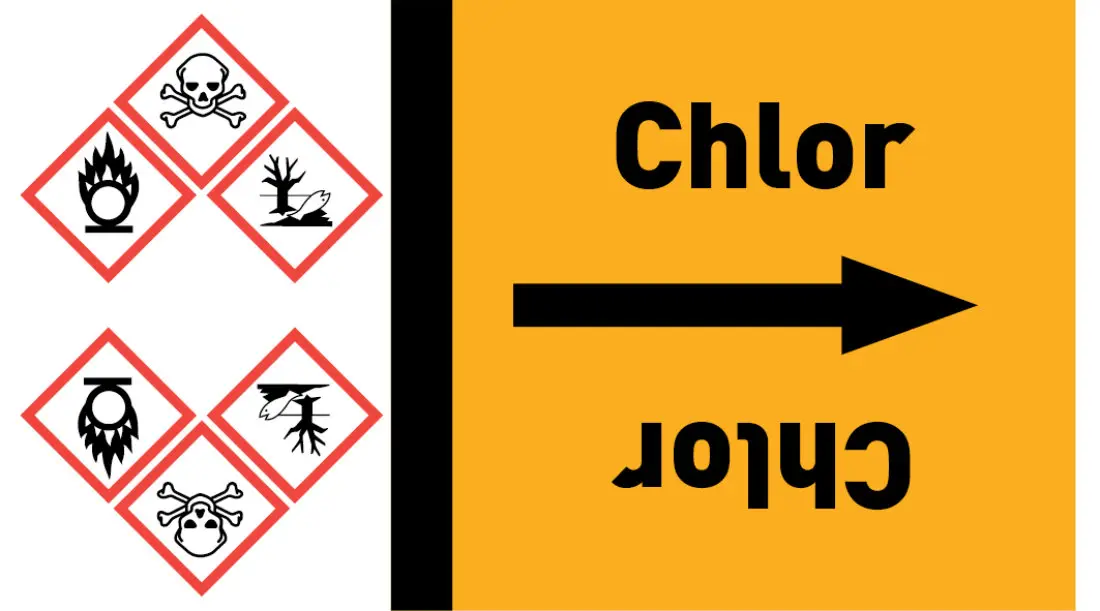 Kennzeichnungsband Chlor gelb/schwarz ab Ø 50 mm 33 m/Rolle Kennzeichnungsband Chlor gelb/schwarz ab Ø 50 mm 33 m/Rolle