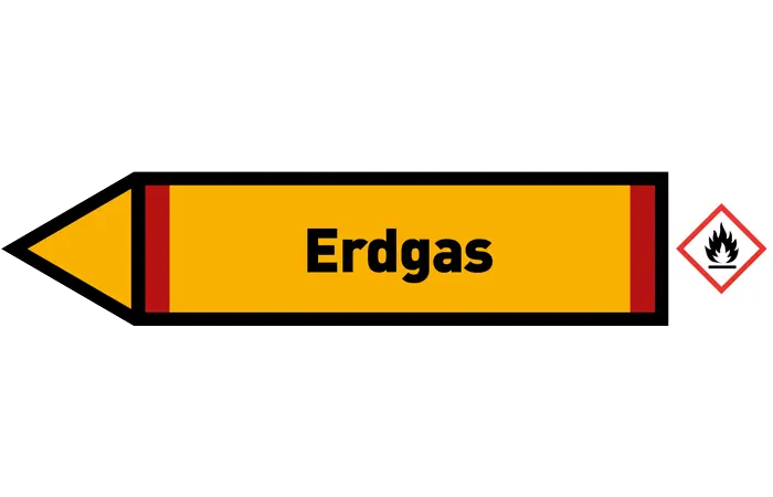 Pfeil links Erdgas gelb/schwarz 125x25 mm Pfeil links Erdgas gelb/schwarz 125x25 mm
