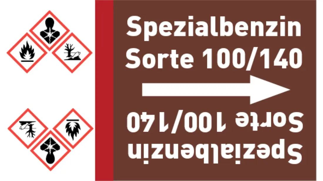 Kennzeichnungsband Spezialbenzin Sorte 100/140 braun/weiß bis Ø 50 mm 33 m/Rolle Kennzeichnungsband Spezialbenzin Sorte 100/140 braun/weiß bis Ø 50 mm 33 m/Rolle