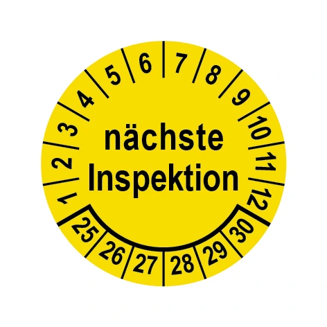 Prüfplakette Ø 25 mm "nächste Inspektion" gelb/schwarz, 1 VPE (200 Stück) Prüfplakette Ø 25 mm "nächste Inspektion" gelb/schwarz, 1 VPE (200 Stück)