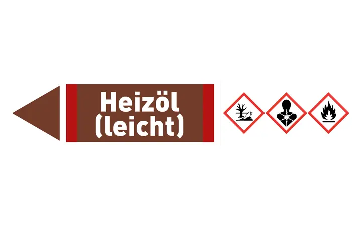 Pfeil links Heizöl (leicht) braun/weiß 125x25 mm Pfeil links Heizöl (leicht) braun/weiß 125x25 mm