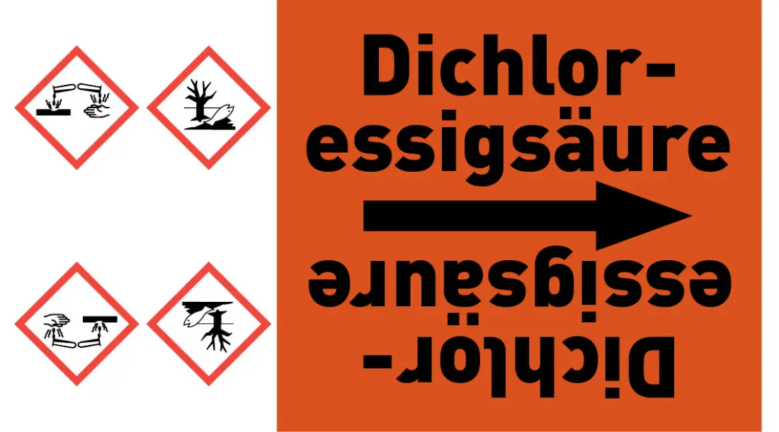 Kennzeichnungsband Dichloressigsäure orange/schwarz ab Ø 50 mm 33 m/Rolle Kennzeichnungsband Dichloressigsäure orange/schwarz ab Ø 50 mm 33 m/Rolle