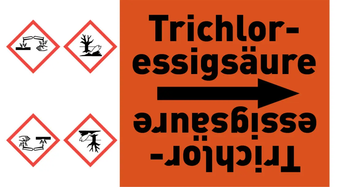 Kennzeichnungsband Trichloressigsäure orange/schwarz ab Ø 50 mm 33 m/Rolle Kennzeichnungsband Trichloressigsäure orange/schwarz ab Ø 50 mm 33 m/Rolle