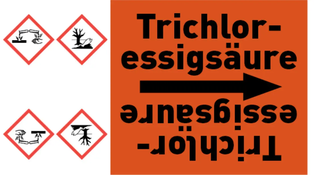 Kennzeichnungsband Trichloressigsäure orange/schwarz bis Ø 50 mm 33 m/Rolle Kennzeichnungsband Trichloressigsäure orange/schwarz bis Ø 50 mm 33 m/Rolle