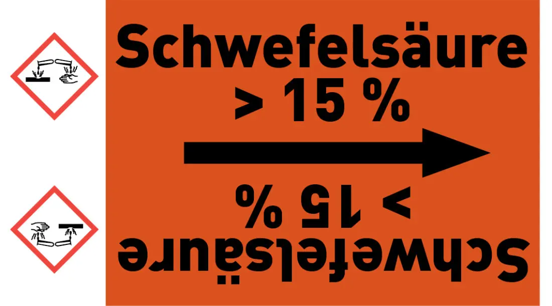 Kennzeichnungsband Schwefelsäure > 15 % orange/schwarz ab Ø 50 mm 33 m/Rolle Kennzeichnungsband Schwefelsäure > 15 % orange/schwarz ab Ø 50 mm 33 m/Rolle