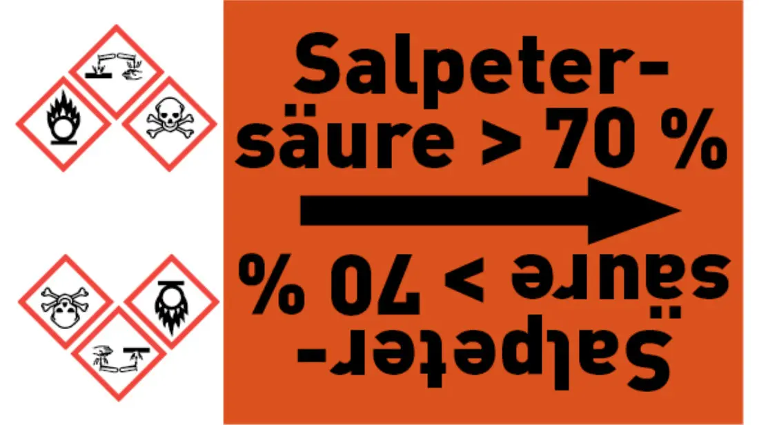 Kennzeichnungsband Salpetersäure > 70 % orange/schwarz bis Ø 50 mm 33 m/Rolle Kennzeichnungsband Salpetersäure > 70 % orange/schwarz bis Ø 50 mm 33 m/Rolle