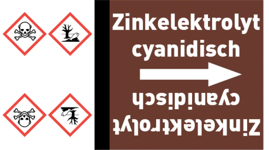 Kennzeichnungsband Zinkelektrolyt cyanidisch braun/weiß bis Ø 50 mm 33 m/Rolle Kennzeichnungsband Zinkelektrolyt cyanidisch braun/weiß bis Ø 50 mm 33 m/Rolle