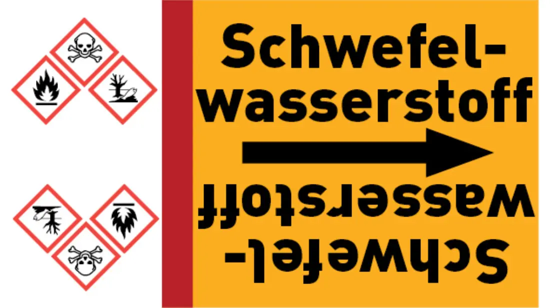 Kennzeichnungsband Schwefelwasserstoff gelb/schwarz bis Ø 50 mm 33 m/Rolle Kennzeichnungsband Schwefelwasserstoff gelb/schwarz bis Ø 50 mm 33 m/Rolle