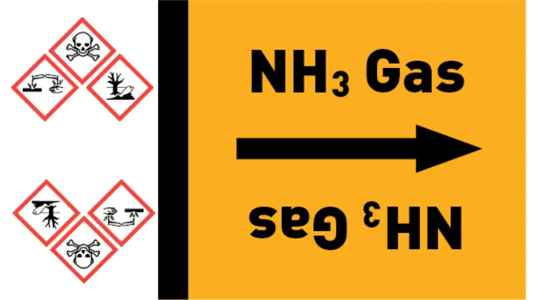 Kennzeichnungsband NH3 Gas gelb/schwarz bis Ø 50 mm 33 m/Rolle Kennzeichnungsband NH3 Gas gelb/schwarz bis Ø 50 mm 33 m/Rolle