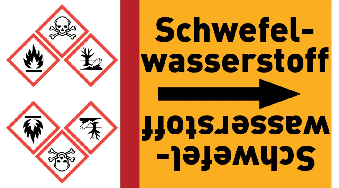 Kennzeichnungsband Schwefelwasserstoff gelb/schwarz ab Ø 50 mm 33 m/Rolle Kennzeichnungsband Schwefelwasserstoff gelb/schwarz ab Ø 50 mm 33 m/Rolle