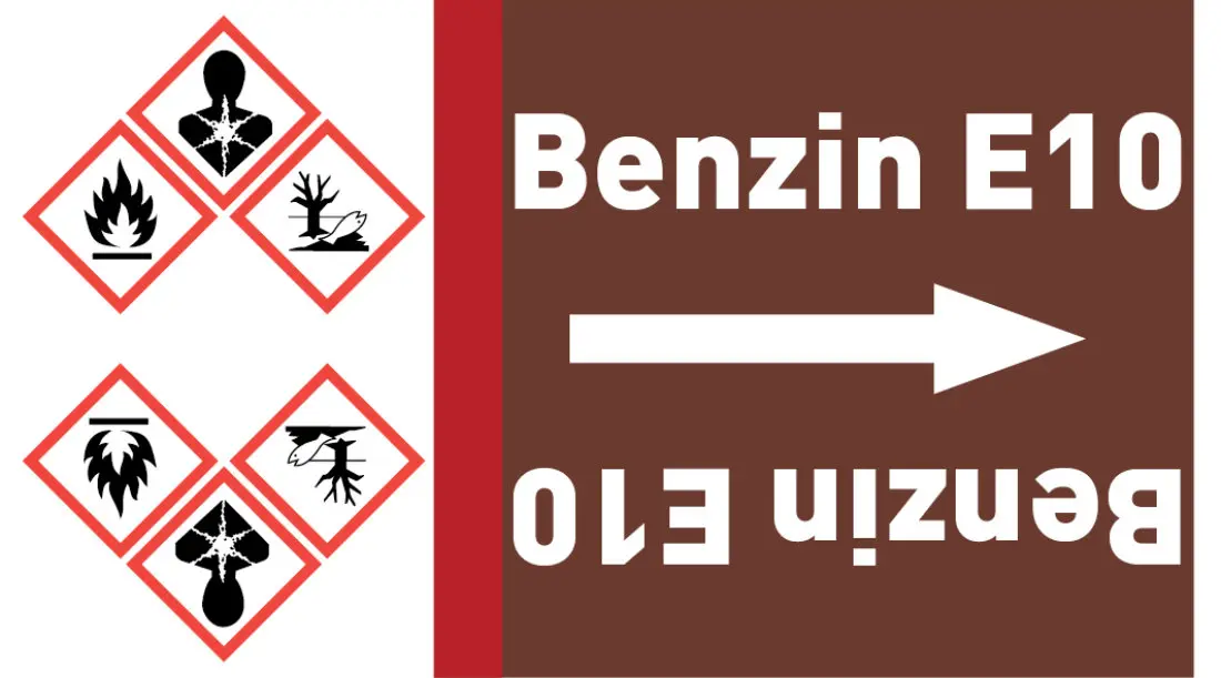 Kennzeichnungsband Benzin E10 braun/weiß ab Ø 50 mm 33 m/Rolle Kennzeichnungsband Benzin E10 braun/weiß ab Ø 50 mm 33 m/Rolle