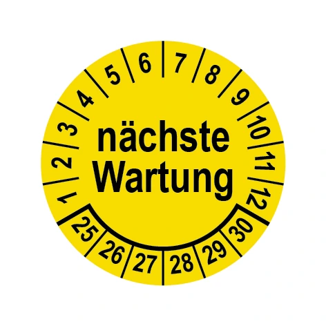 Prüfplakette Ø 25 mm "nächste Wartung" gelb/schwarz, 1 VPE (200 Stück) Prüfplakette Ø 25 mm "nächste Wartung" gelb/schwarz, 1 VPE (200 Stück)