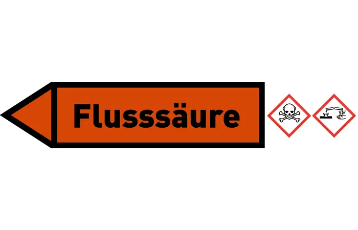 Pfeil links Flusssäure orange/schwarz 215x40 mm Pfeil links Flusssäure orange/schwarz 215x40 mm