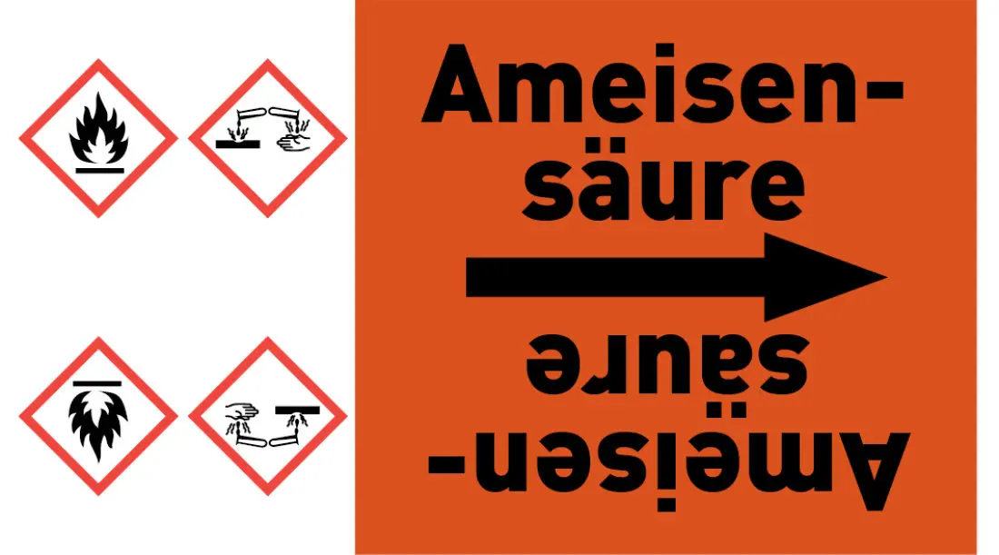 Kennzeichnungsband Ameisensäure orange/schwarz ab Ø 50 mm 33 m/Rolle Kennzeichnungsband Ameisensäure orange/schwarz ab Ø 50 mm 33 m/Rolle