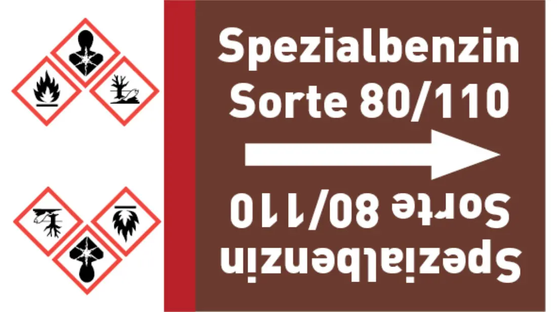 Kennzeichnungsband Spezialbenzin Sorte 80/110 braun/weiß bis Ø 50 mm 33 m/Rolle Kennzeichnungsband Spezialbenzin Sorte 80/110 braun/weiß bis Ø 50 mm 33 m/Rolle