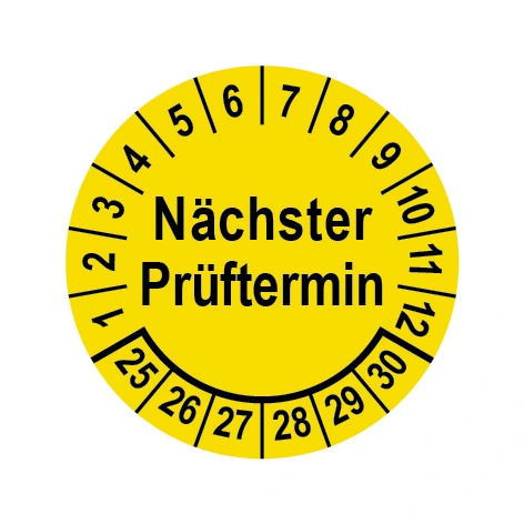Prüfplakette Ø 25 mm "Nächster Prüftermin" gelb/schwarz, 1 VPE (200 Stück) Prüfplakette Ø 25 mm "Nächster Prüftermin" gelb/schwarz, 1 VPE (200 Stück)