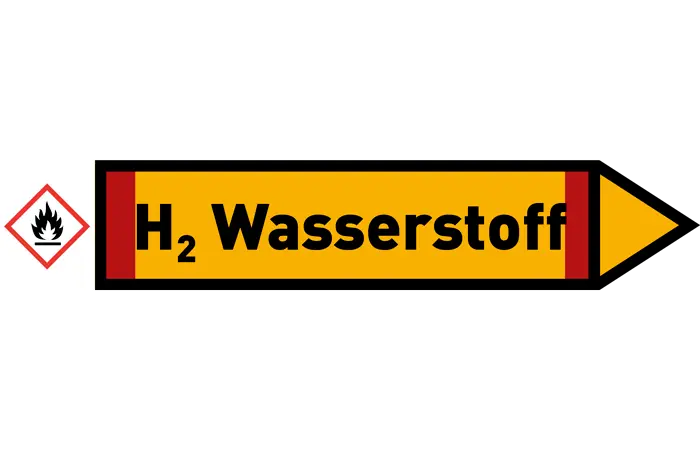 Pfeil rechts H2 Wasserstoff gelb/schwarz 215x40 mm Pfeil rechts H2 Wasserstoff gelb/schwarz 215x40 mm