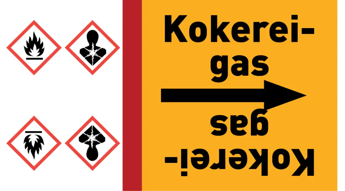 Kennzeichnungsband Kokereigas gelb/schwarz ab Ø 50 mm 33 m/Rolle Kennzeichnungsband Kokereigas gelb/schwarz ab Ø 50 mm 33 m/Rolle