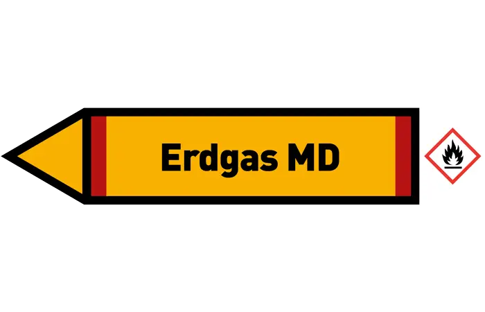 Pfeil links Erdgas MD gelb/schwarz 125x25 mm Pfeil links Erdgas MD gelb/schwarz 125x25 mm