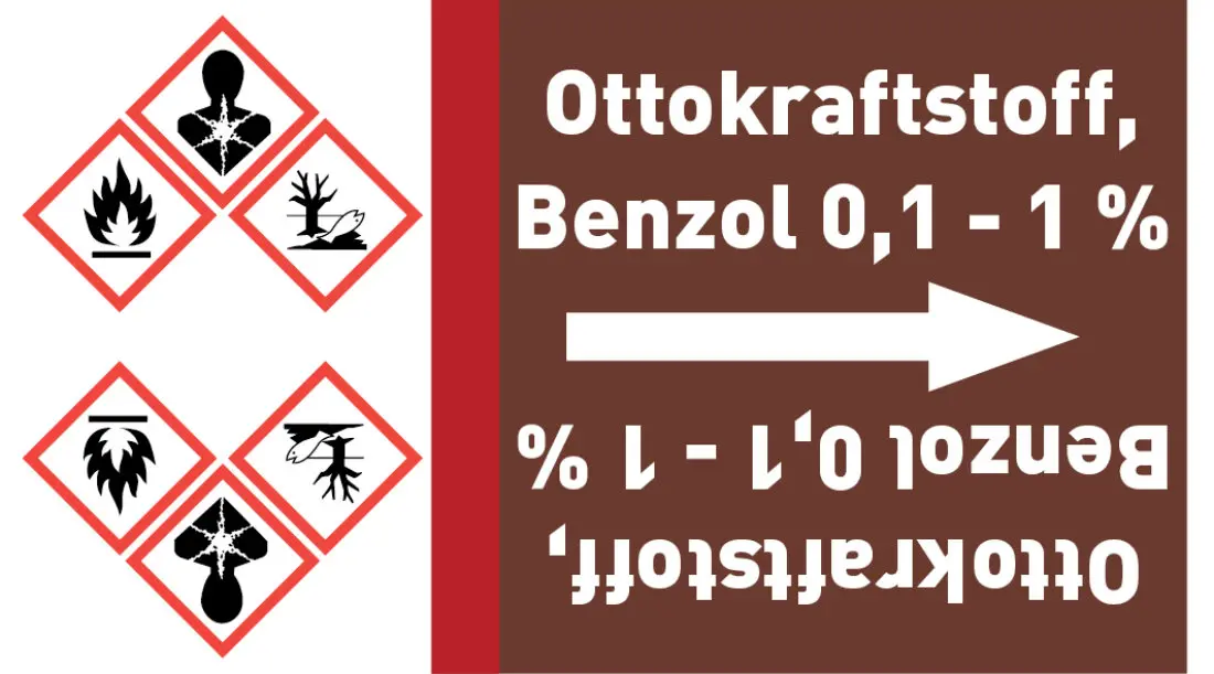 Kennzeichnungsband Ottokraftstoff, Benzol 0,1 - 1 % braun/weiß ab Ø 50 mm 33 m/Rolle Kennzeichnungsband Ottokraftstoff, Benzol 0,1 - 1 % braun/weiß ab Ø 50 mm 33 m/Rolle