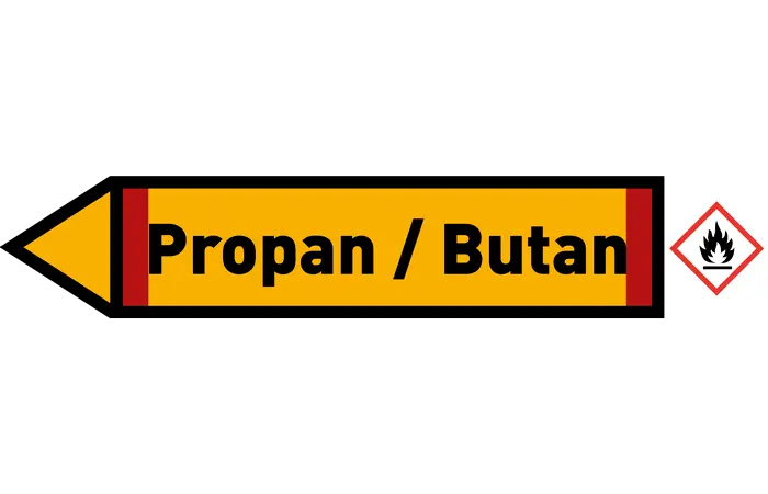 Pfeil links Propan / Butan gelb/schwarz 215x40 mm Pfeil links Propan / Butan gelb/schwarz 215x40 mm