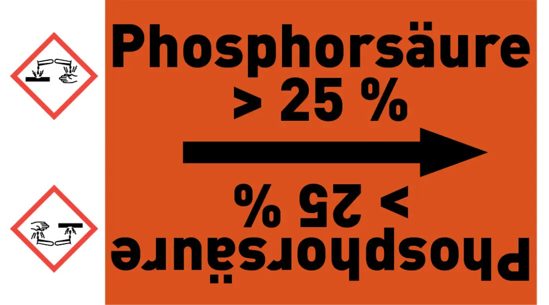 Kennzeichnungsband Phosphorsäure > 25 % orange/schwarz ab Ø 50 mm 33 m/Rolle Kennzeichnungsband Phosphorsäure > 25 % orange/schwarz ab Ø 50 mm 33 m/Rolle