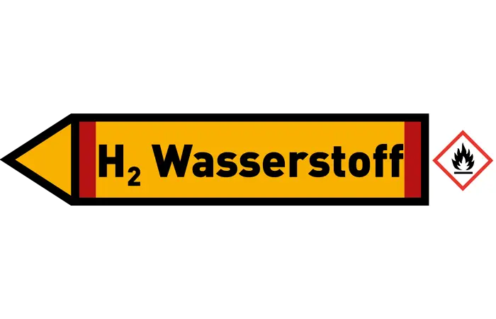 Pfeil links H2 Wasserstoff gelb/schwarz 215x40 mm Pfeil links H2 Wasserstoff gelb/schwarz 215x40 mm