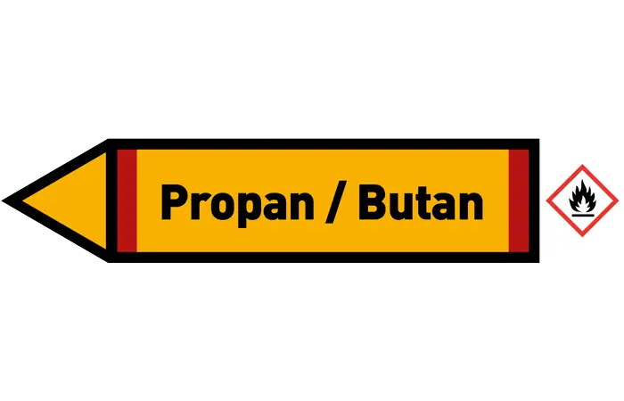 Pfeil links Propan / Butan gelb/schwarz 125x25 mm Pfeil links Propan / Butan gelb/schwarz 125x25 mm