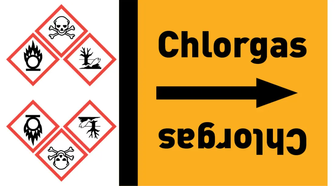 Kennzeichnungsband Chlorgas gelb/schwarz ab Ø 50 mm 33 m/Rolle Kennzeichnungsband Chlorgas gelb/schwarz ab Ø 50 mm 33 m/Rolle
