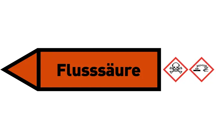 Pfeil links Flusssäure orange/schwarz 125x25 mm Pfeil links Flusssäure orange/schwarz 125x25 mm