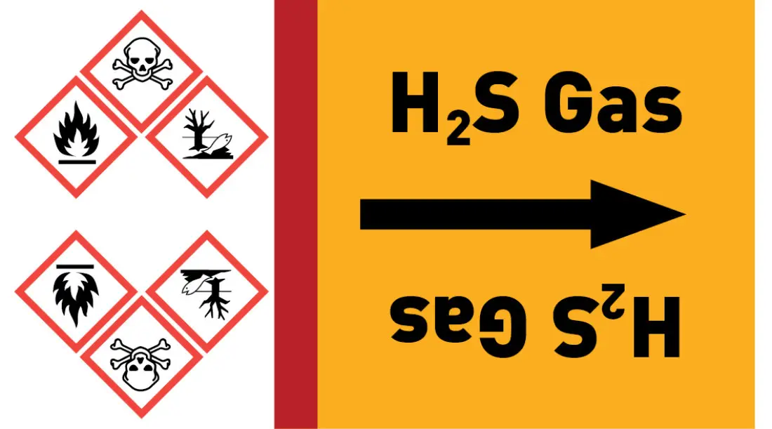 Kennzeichnungsband H2S Gas gelb/schwarz ab Ø 50 mm 33 m/Rolle Kennzeichnungsband H2S Gas gelb/schwarz ab Ø 50 mm 33 m/Rolle