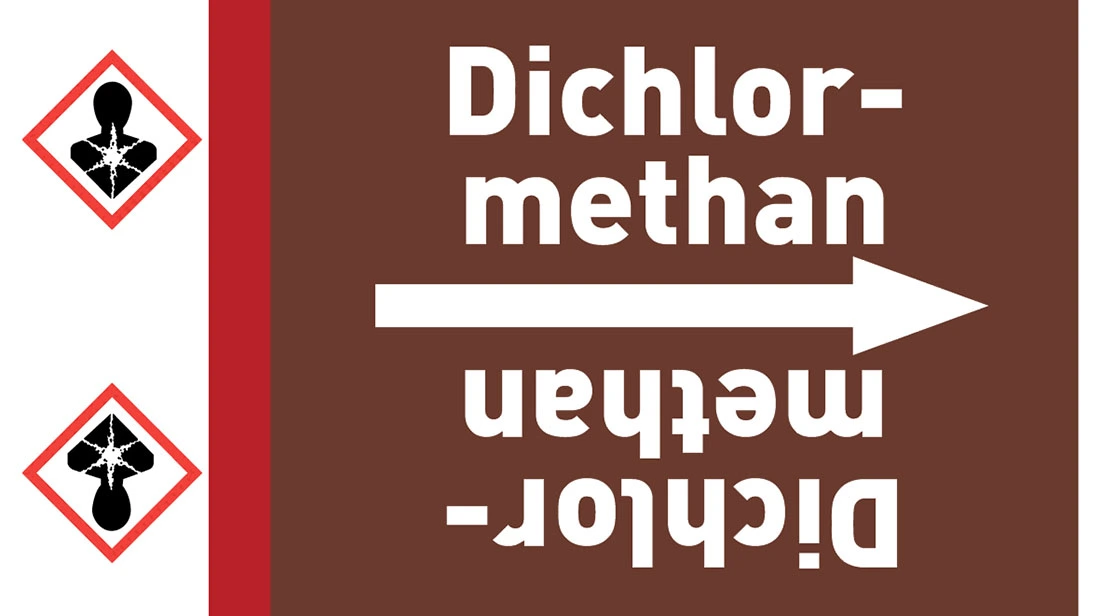 Kennzeichnungsband Dichlormethan braun/weiß bis Ø 50 mm 33 m/Rolle