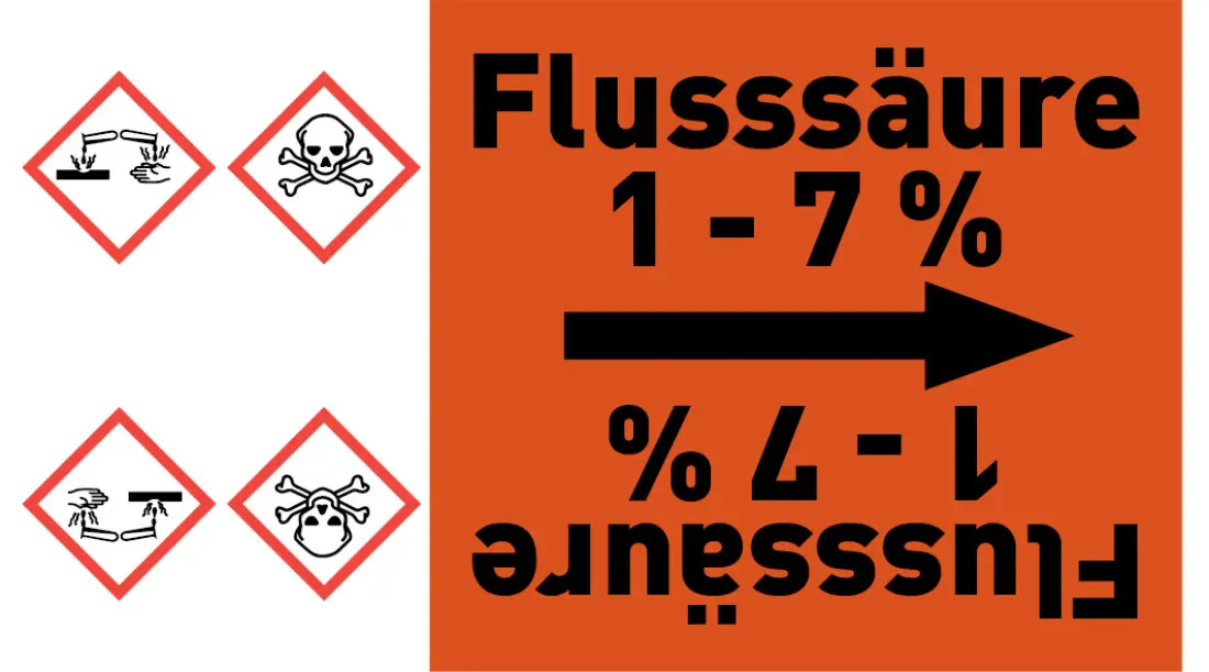 Kennzeichnungsband Flusssäure 1 - 7 % orange/schwarz ab Ø 50 mm 33 m/Rolle Kennzeichnungsband Flusssäure 1 - 7 % orange/schwarz ab Ø 50 mm 33 m/Rolle