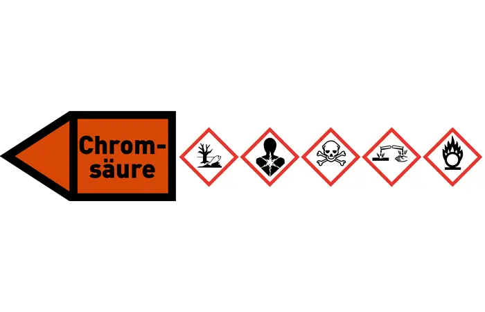 Pfeil links Chromsäure orange/schwarz 215x40 mm Pfeil links Chromsäure orange/schwarz 215x40 mm