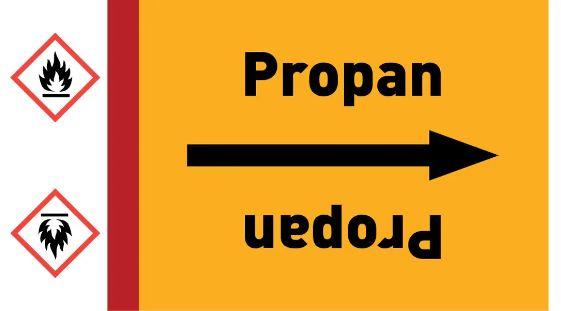 Kennzeichnungsband Propan gelb/schwarz ab Ø 50 mm 33 m/Rolle Kennzeichnungsband Propan gelb/schwarz ab Ø 50 mm 33 m/Rolle