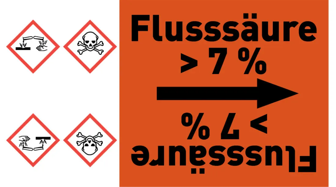 Kennzeichnungsband Flusssäure > 7 % orange/schwarz ab Ø 50 mm 33 m/Rolle Kennzeichnungsband Flusssäure > 7 % orange/schwarz ab Ø 50 mm 33 m/Rolle