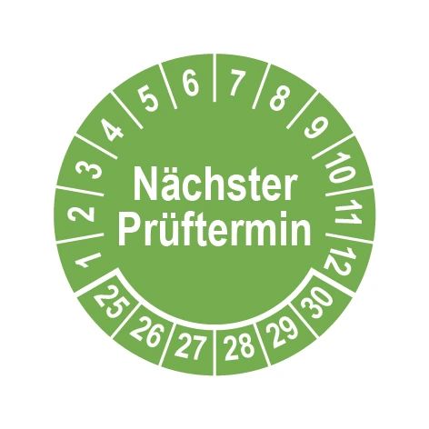 Prüfplakette Ø 25 mm "Nächster Prüftermin" grün/weiß, 1 VPE (200 Stück) Prüfplakette Ø 25 mm "Nächster Prüftermin" grün/weiß, 1 VPE (200 Stück)