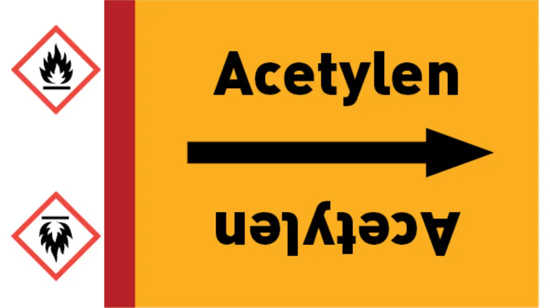 Kennzeichnungsband Acetylen gelb/schwarz bis Ø 50 mm 33 m/Rolle Kennzeichnungsband Acetylen gelb/schwarz bis Ø 50 mm 33 m/Rolle