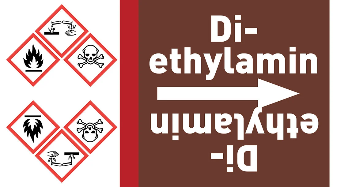 Kennzeichnungsband Diethylamin braun/weiß ab Ø 50 mm 33 m/Rolle Kennzeichnungsband Diethylamin braun/weiß ab Ø 50 mm 33 m/Rolle