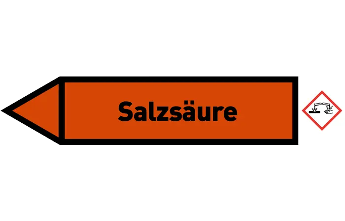 Pfeil links Salzsäure orange/schwarz 125x25 mm Pfeil links Salzsäure orange/schwarz 125x25 mm