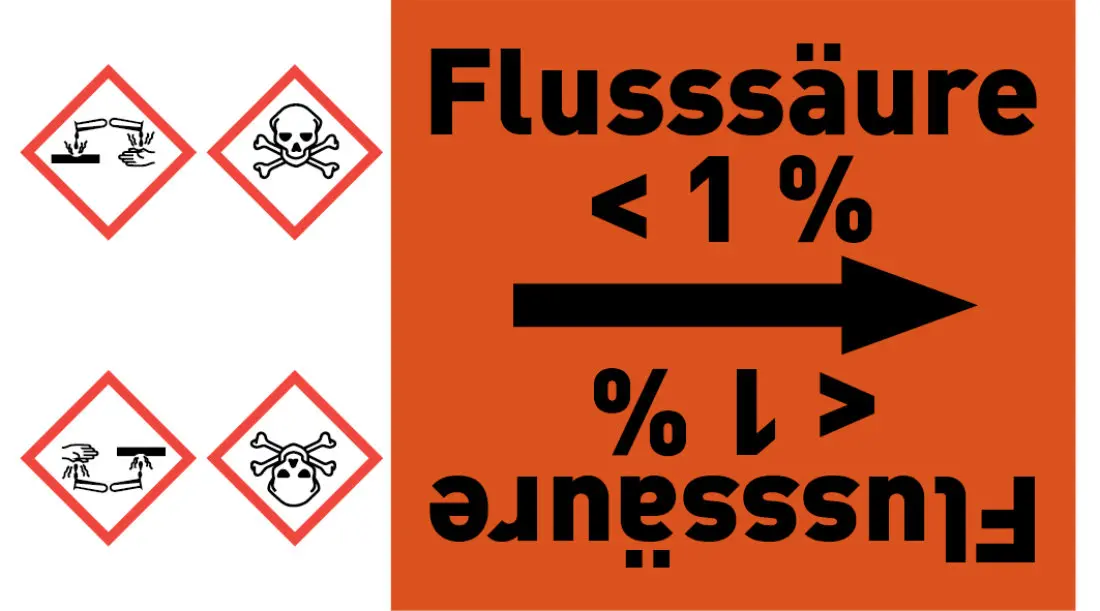 Kennzeichnungsband Flusssäure < 1 % orange/schwarz ab Ø 50 mm 33 m/Rolle Kennzeichnungsband Flusssäure < 1 % orange/schwarz ab Ø 50 mm 33 m/Rolle