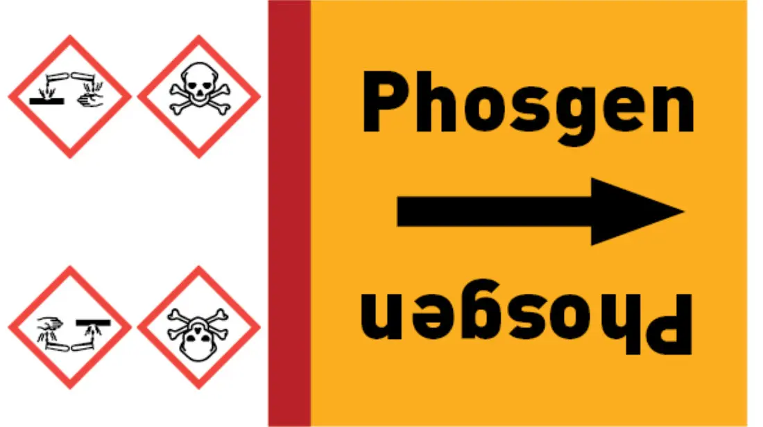 Kennzeichnungsband Phosgen gelb/schwarz bis Ø 50 mm 33 m/Rolle Kennzeichnungsband Phosgen gelb/schwarz bis Ø 50 mm 33 m/Rolle